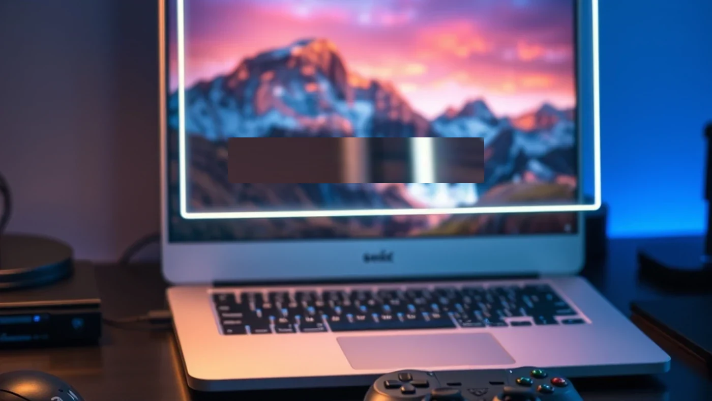 Silver laptop on a cool blue night desk showing a mountain sunset game scene with a glowing capture frame on screen and a black controller in the foreground.